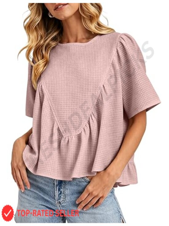 Tops - Waffle Knit Babydoll Peplum Blouse Short Sleeve Loose Flowy